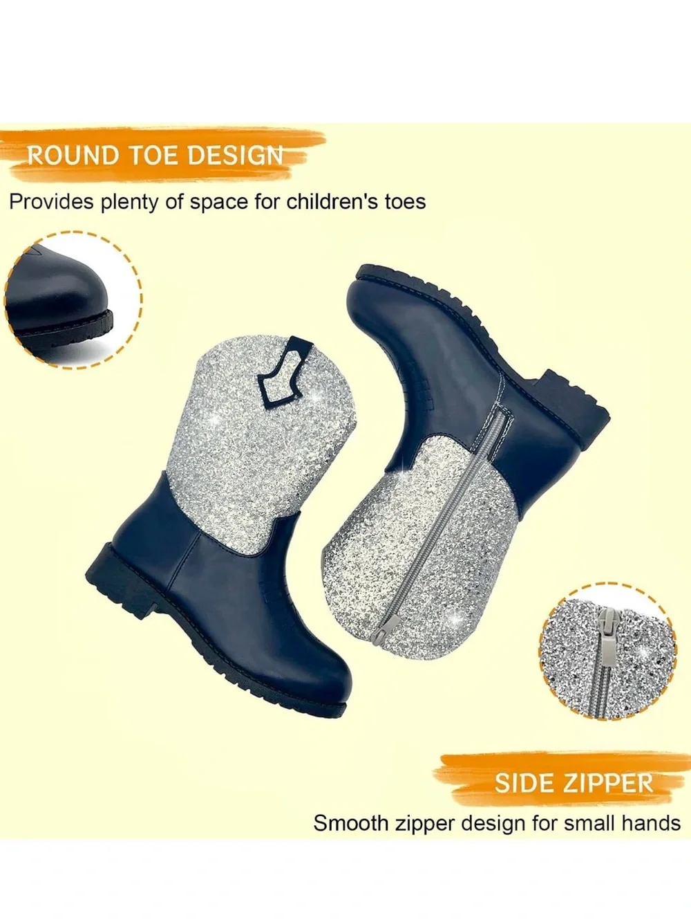Girls Sparkle Cowgirl Boots | Silver and Navy | Big Kids Size 1 | NWT